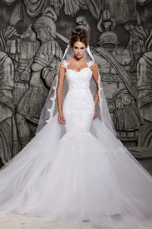 Elegant Sexy White Lace Mermaid Wedding Dresses Sheer Back Detachable Train Bridal Gowns Plus Size Vestidos De Noiva