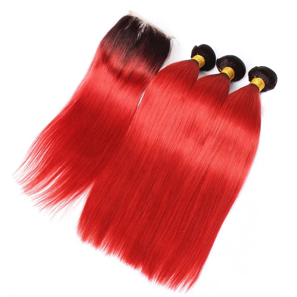 T1B Red Dark Root Ombre Peruvian Human Hair Weaves 3 Bundles with Closure Straight Ombre Red Bundle Deals with Lace Front Closure 4x4