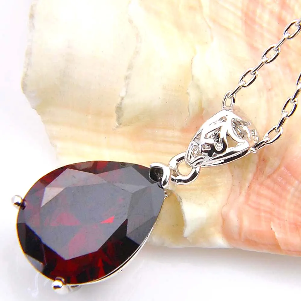 Luckyshine Exclude Shine Water Drop Red Garnet Pendants حفلة زفاف للسيدات سحر الزركون القلائد 283W