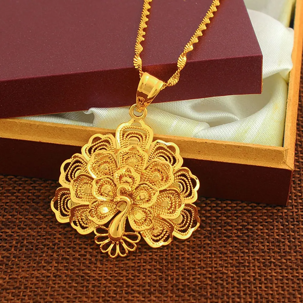 Chaîne pendentif paon, Animal vif, solide, or jaune 18 carats, bijoux pour femmes, beau cadeau, accessoires de mode 3161