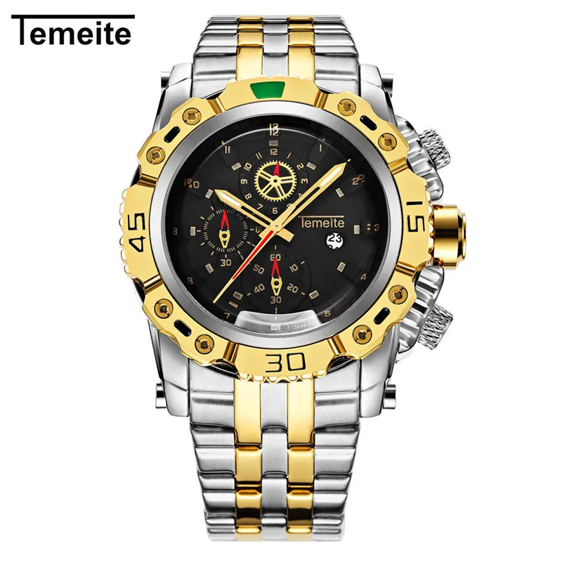 Top Temeite Business Casual Mode Gouden Quartz Horloge Volledig roestvrij staal Casual herenhorloges Mannelijke Klok Watch260N
