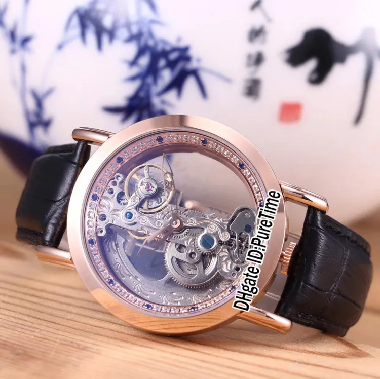 Ny Golden Bridge 42mm Steel Case Silver Diamond Inner Skeleton Dial Automatic Tourbillon Mens Watch Sports Watches Blue Leather C254o