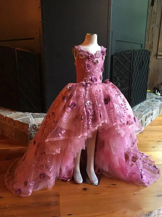 High Low Pink Flower Girl Dresses For Weddings 3D Floal Appliques Little Girls Pageant Dress Tulle First Communion Skirt
