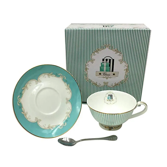 Tazze da tè vintage Royal Bone China, caffè, latte, tazza da tè, piattino e cucchiaio, set blu in scatola regalo 7-Oz293E