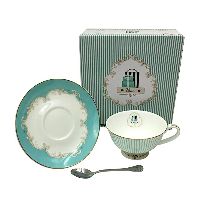Vintage Royal Bone China Teetassen Kaffee Milch Teetasse und Untertasse und Löffel Sets Blau Boxed Set Geschenk 7-Oz281f