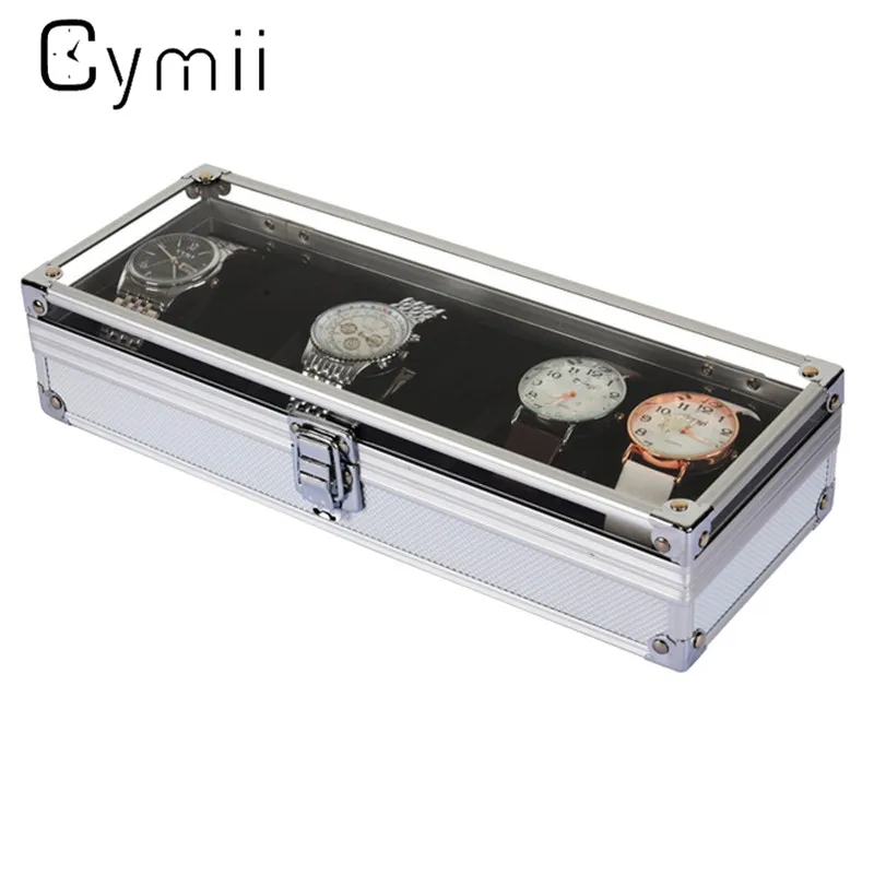 CYMII Watch Box Case 6 Grid Insert Slots smycken Watches Display Storage Box Case Aluminium Watch Smyckedekoration257r