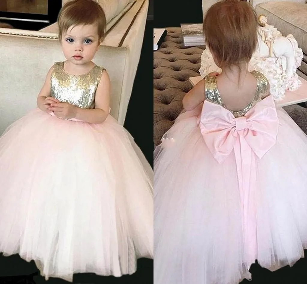 Lovely Cheap Blush Pink Flower Girls Dress Ball Gown Sweep Train Tulle Bow Pageant Dresses Kids Prom Party Dress For Little Girls