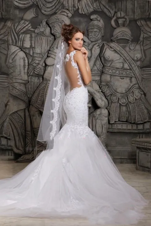 Elegant Sexy White Lace Mermaid Wedding Dresses Sheer Back Detachable Train Bridal Gowns Plus Size Vestidos De Noiva