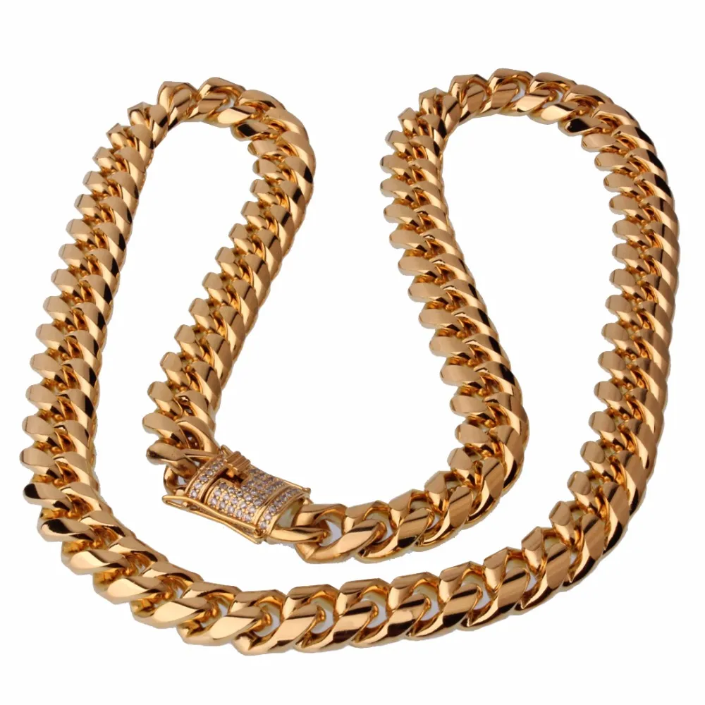 15 mm de ancho 8-40 pulgadas de longitud Biker para hombre Color oro Acero inoxidable Miami Curb Collar de cadena de eslabones cubanos o pulsera Jewelry274t