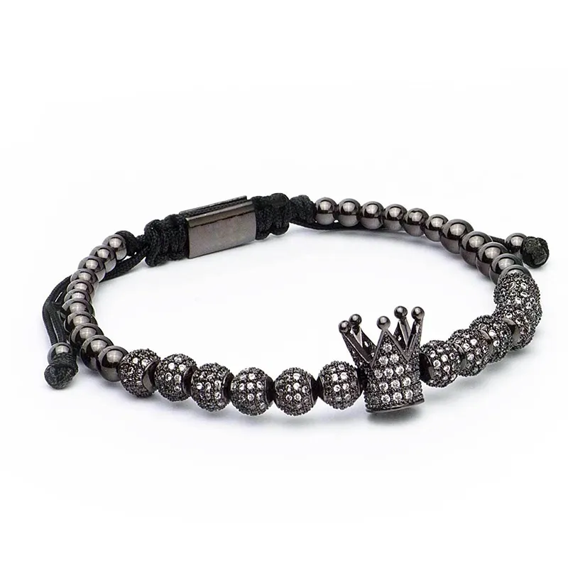 Mannen Sieraden slivery Crown Charm Armbanden Strengen Sieraden 4mm Ronde Kralen Gevlochten Armband Vrouwelijke pulseira Zirkoon Gift Valentine234Q