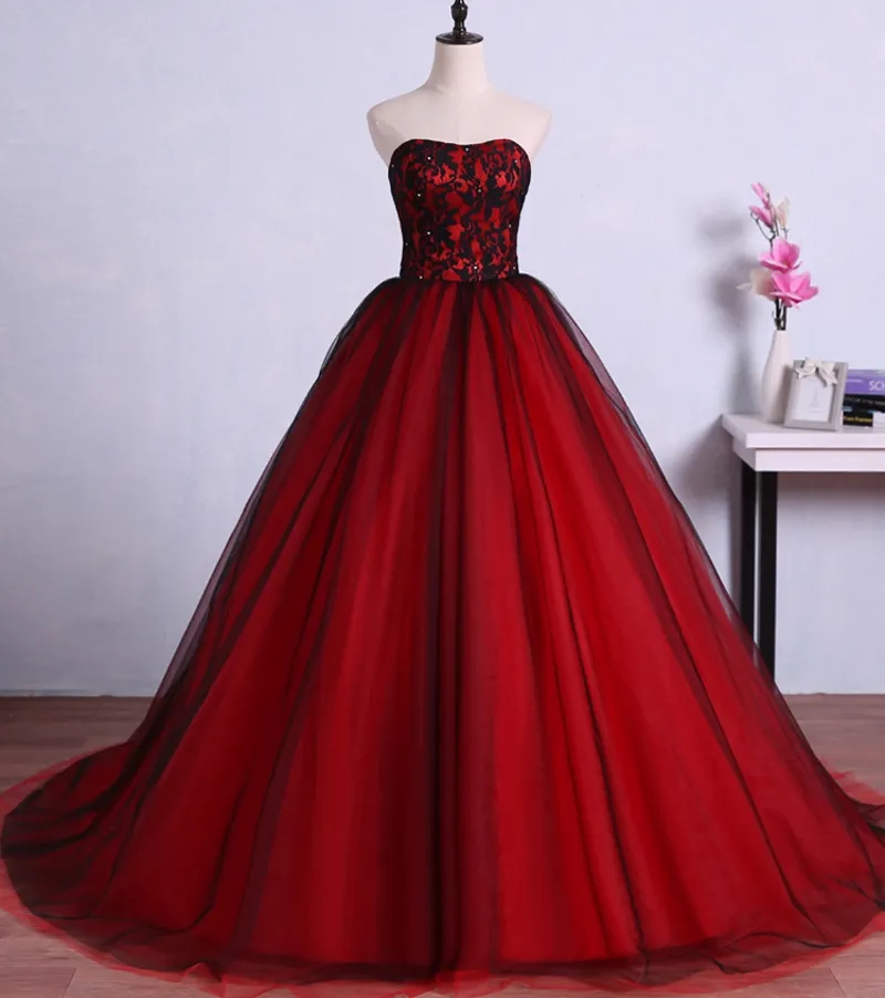 Red and Black Long Prom Dresses for Graduation Tulle Ball Gown Lace Formal Evening Gowns Dresses vestido de festa longo2128486