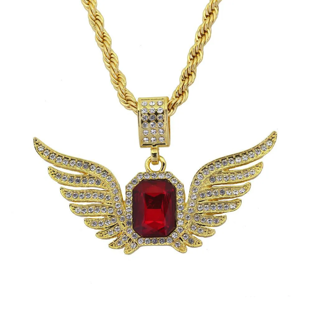 Discount Hip Hop Angel Wings With Big Red Stone Unique Pendant Designs Necklace Men Women Iced Out Druzy Jewelry321S