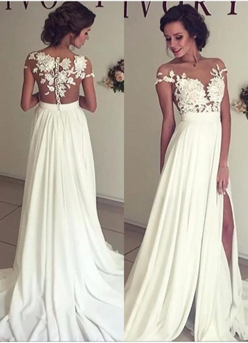 Cheap Sexy Beach Bohemian Wedding Dresses Sheer Neck Chiffon High Side Split Boho Bridal Gowns Court Train Wedding Dress Custom