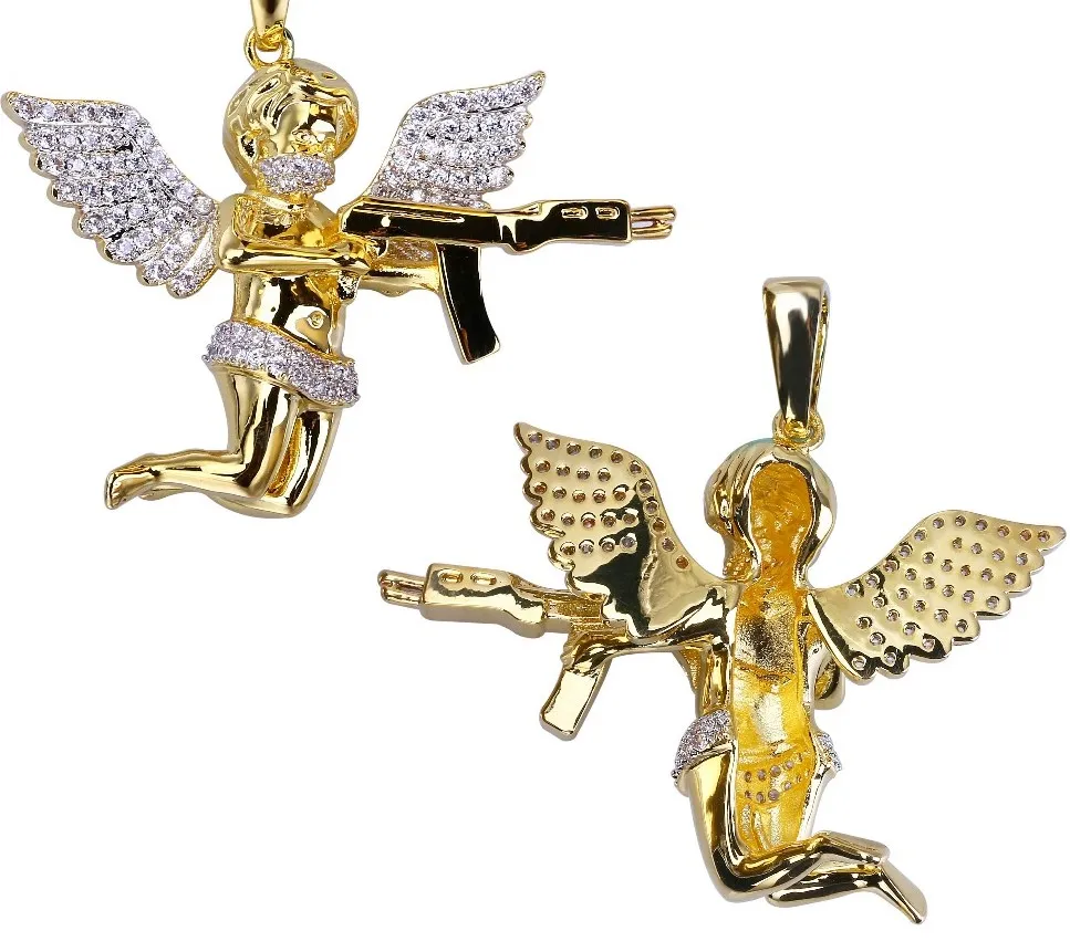 Hommes colliers en strass glacés entier auniquestyle Cupid Angel Pendant Hip Hop Collier de chaîne cubaine Bijoux en or pour mâle Micro Pave2019