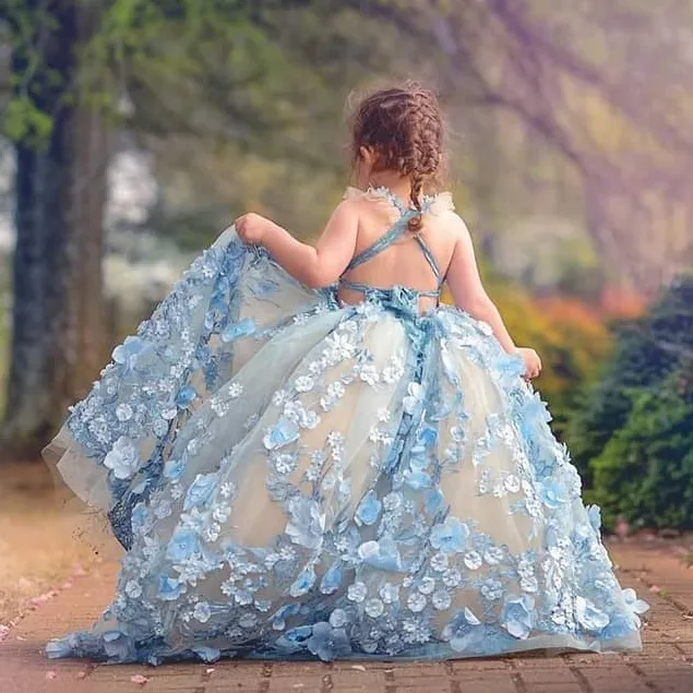 Ball Gown Beaded Toddler Pageant Dresses 3D Appliqued Backless Flower Girl Dress Sweep Train Tulle Kids Prom Gowns