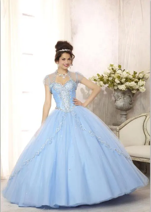 Blue bleu chérie en tulle robe de boule quinceanera pierres perlées du sol de la longueur du sol de bal robes princesse avec lacets en arrière 88088