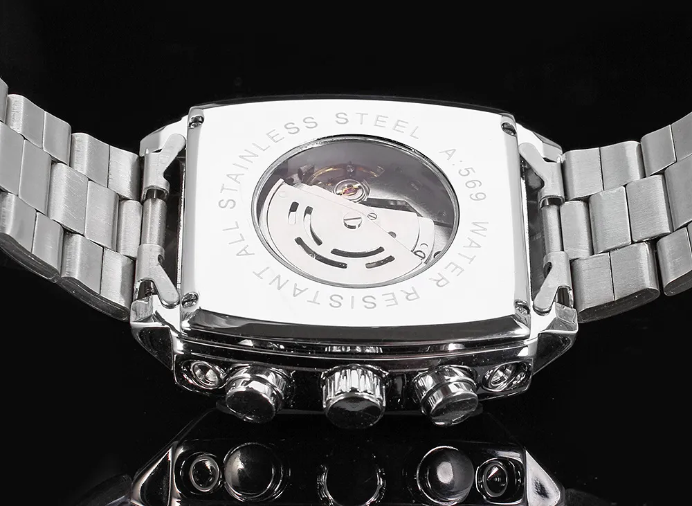 Jaragarステンレス鋼四角い透明ケースバック高品質の自動運動メンズメカニカルウォッチ男性腕時計Relogi352c