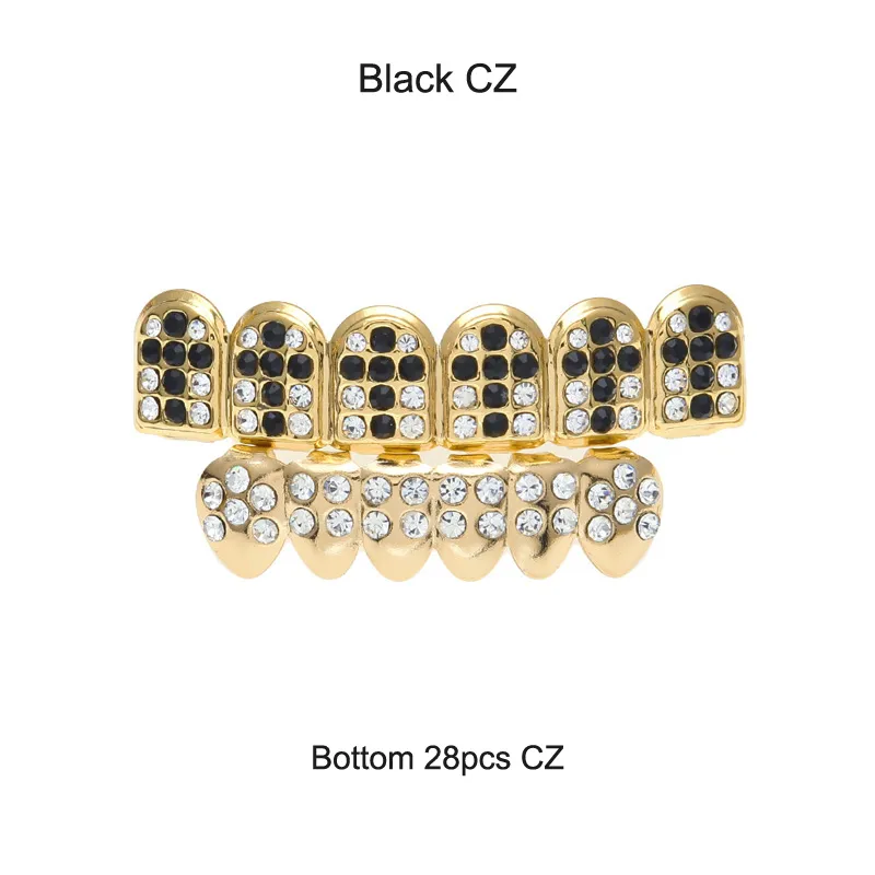 Accessori per feste cosplay hiphop CZ Crystal Bio Rame Oro Denti Grillz Caps Top & Bottom con ciondolo croce nera rossa_voghion.com