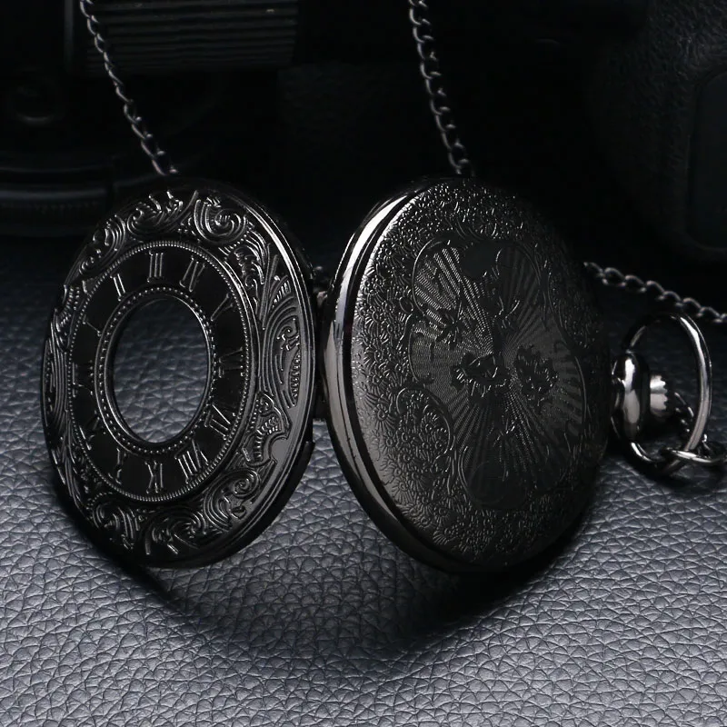 Montre de poche à Quartz Steampunk pour hommes et femmes, breloque Vintage noire, mode unisexe, chiffres romains, collier pendentif avec chaîne, cadeaux 229v