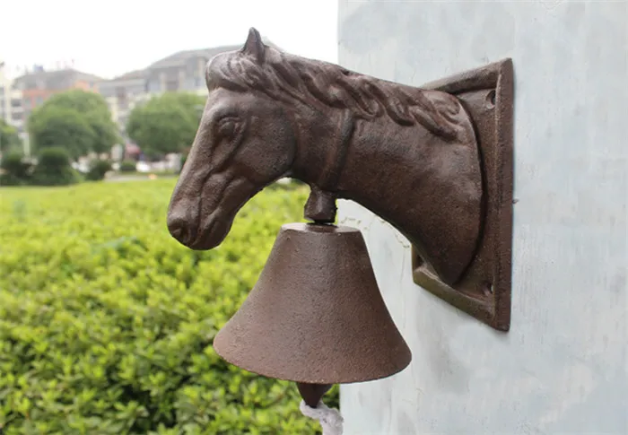 Cast Iron Ornate Horse Head Door Bell Doorbell Garden Decorations Rustic Cottage Patio Farm Country Barn Stable Handbell Decoration Antique Brown