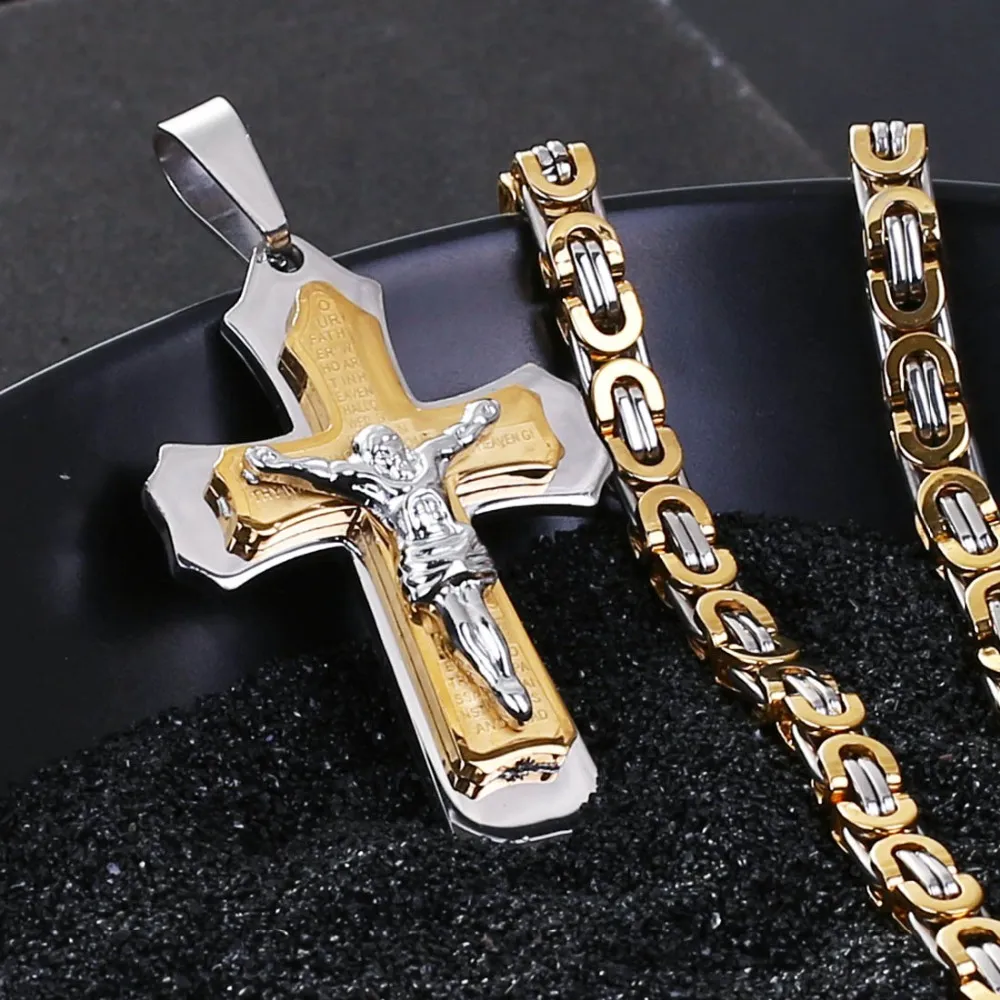 Collier chaîne à maillons en acier inoxydable, pendentif Crucifix pour hommes, pièce de jésus, croix, bijoux pour hommes, 22-28 de Long, FC083245Q