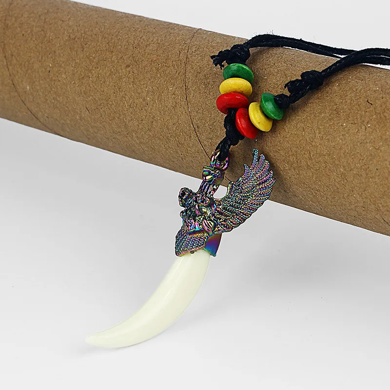 Fashion Wax Cotton Cord White ResinTooth Teeth Pendant Necklace With Eagle and Rasta Wood Beads Necklace271E