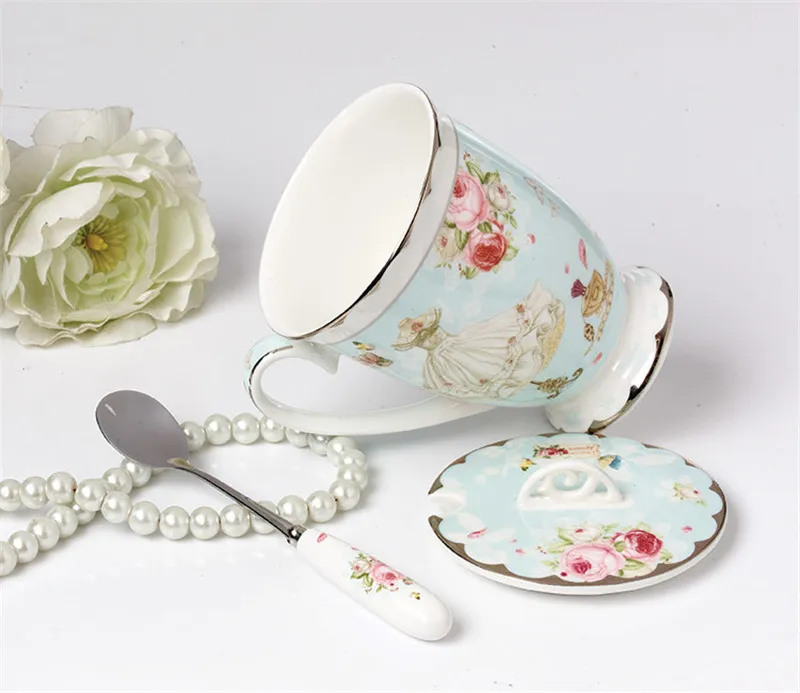 Чайная чашка с крышкой и ложкой, набор Royal Fine Bone China, кофейная кружка, 11 унций, светло-голубые чайные чашки, подарок для женщин, подарочная коробка для мамы 275O