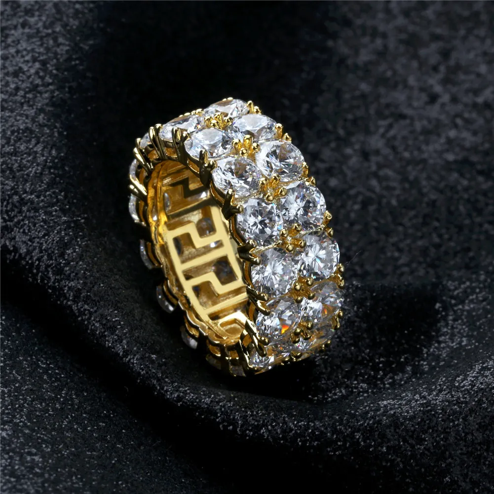 Hip Hop Iced Out Copper Gold Silver Colonde plaqué Micro Pave Cz Stone 2 Rown Round Ring Men Femmes Charme Jewelry267r