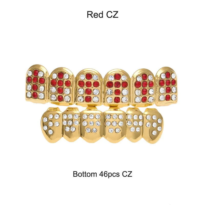 Accessori per feste cosplay hiphop CZ Crystal Bio Rame Oro Denti Grillz Caps Top & Bottom con ciondolo croce nera rossa_voghion.com