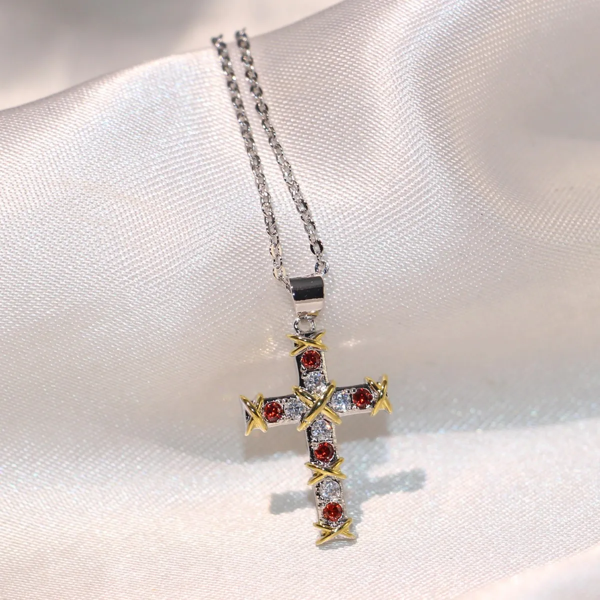 Victoria Wieck Vintage Punk Fashion Jewelry Sier Red Garnet Gemstones CZ Diamond Religion Cross Pendant Chain Necklace for Women Gift