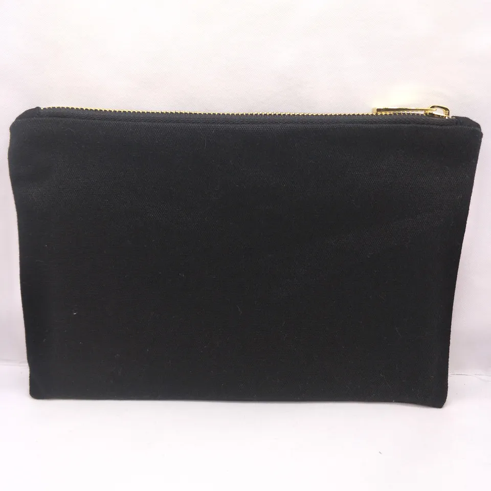 30st Plain Plain Black Cotton Canvas Cosmetic Bag med svart foder tom Canvas Gold Zip Pouch Custom Print Bag Factory DHL S170J