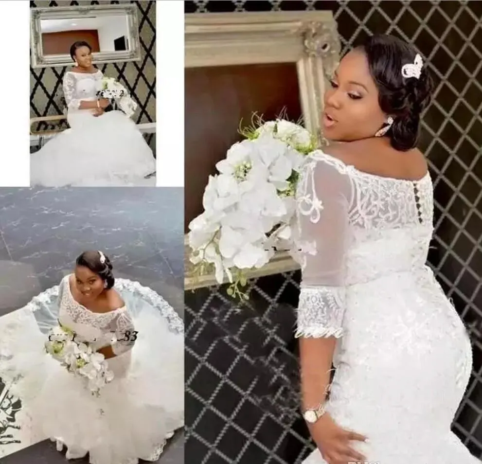 Afrikanische 2019 Nigerianische Meerjungfrau Brautkleider aus der Schulter applizierte Spitze plus Größen Brautkleider bedeckt Knopf Vestidos De Novia