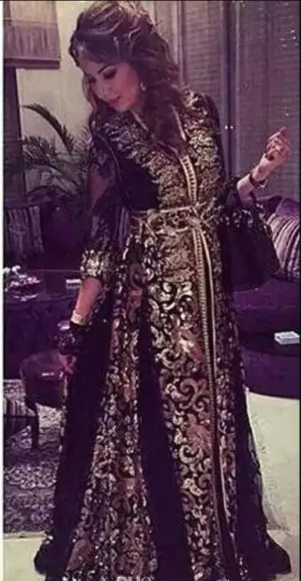 2018 Дубай Арабский кафтан Черный шифон с длинными рукавами Вечерние платья Длинные Ближний Восток Vestidos De Festa V-образным вырезом Мусульманское платье для выпускного вечера 201225C