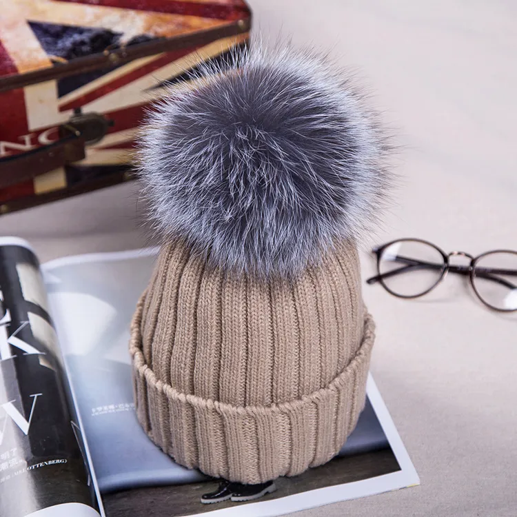 15 cm Real Fur Ball Cap Pom Poms Winter Hat For Women Girl's Wool Sticked Cotton Beanies Brand Thick Female273U