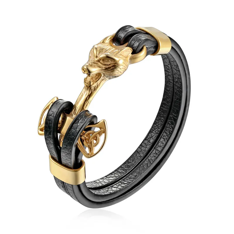 2021mkend Mens Bracelets Gold Leo Lion Stainless Steel Anchor Shackles Black Leather Bracelet Men Wristband Fashion Jewelry1284l
