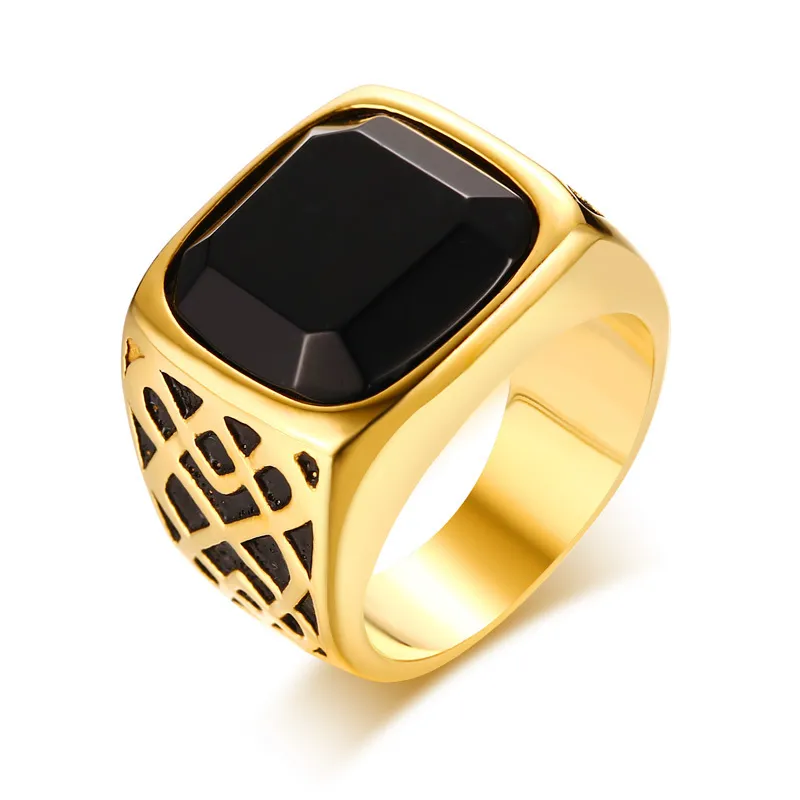 Anillo de sello de piedra semipreciosa de cornalina negra cuadrada para hombre en acero inoxidable en tono dorado para joyería masculina Accesorios de Anillos 221v