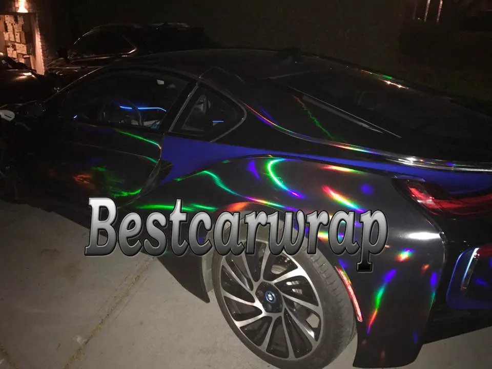 Black holographic Chrome Vinyl Car WRAP FILM Sticker With Air release Hologram NeoChrome Whole car covering foil Size:1.52*20M/Roll