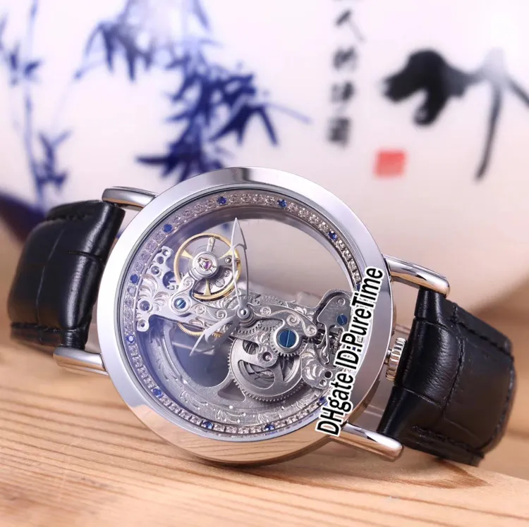 New Golden Bridge 42mm Steel Case Silver Diamond Inner Skeleton Dial Automatic Tourbillon Mens Watch Sports Watches Blue Leather C264U