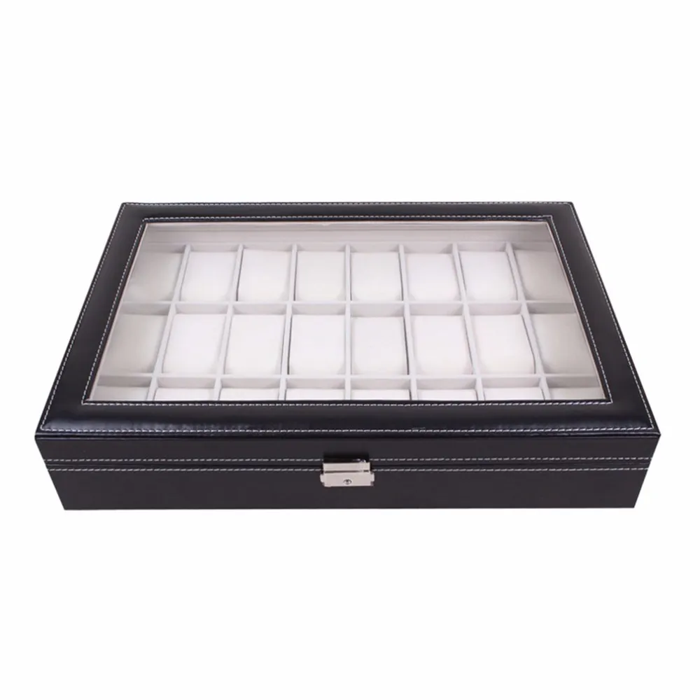 OUTAD-caja de reloj de 24 rejillas, caja de almacenamiento de reloj de pulsera de cuero negro de cristal, organizador, soporte clásico, almohada de espuma 2879