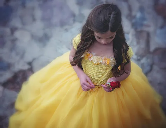 New 2017 Belle Birthday Gown Costume in Yellow Off Shoulder Handmade Flower Tiered Chiffon Pageant Dress Lovely Ball Gown Flower Girl Dress