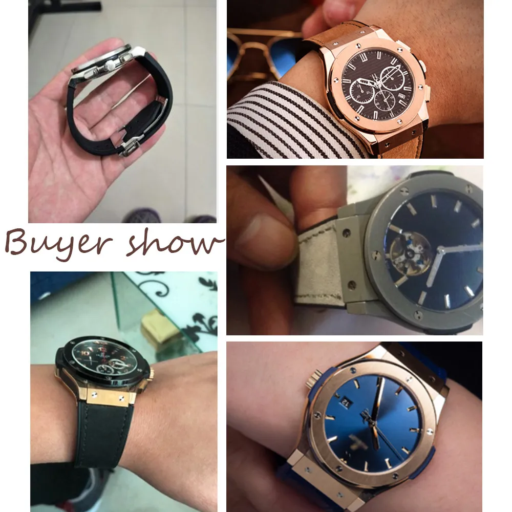 Bracelet de montre en cuir véritable, en caoutchouc et Silicone, pour montre HUB, noir, bleu, marron, étanche, boucle de déploiement 25x19mm, 287q