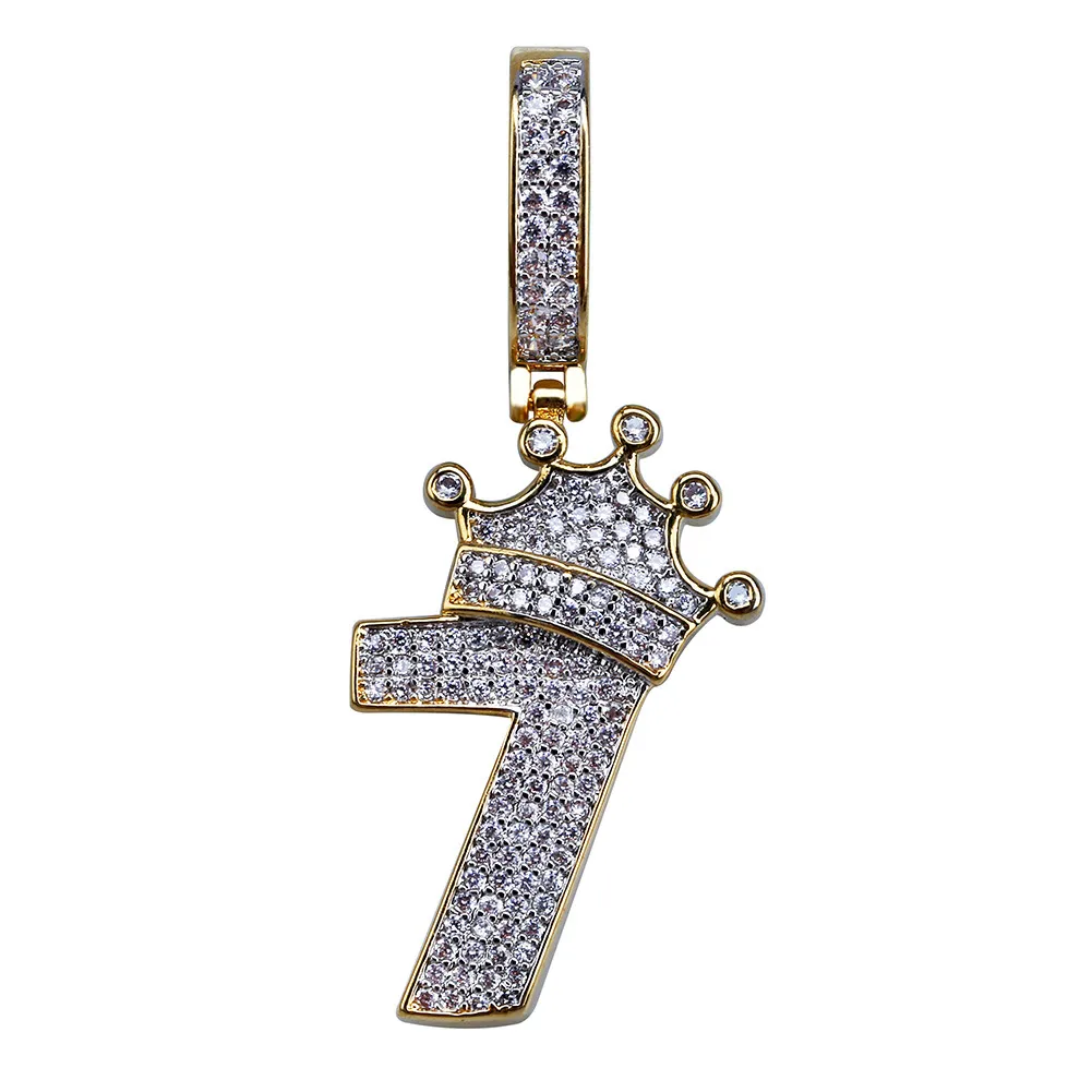 Shiny Crown Number 7 Pendant Necklace Charm With Rope Chain Iced Out Cubic Zircon Hiphop Jewelry221b