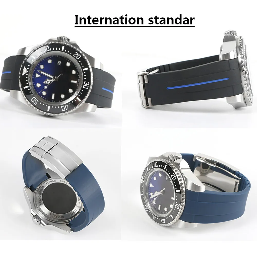 Vattentät gummi för Sea Deep Watchband Rostfritt stål Fold Distribution Buckle Watch Band Rem Armband Watch 21mm Black Blue Re271U