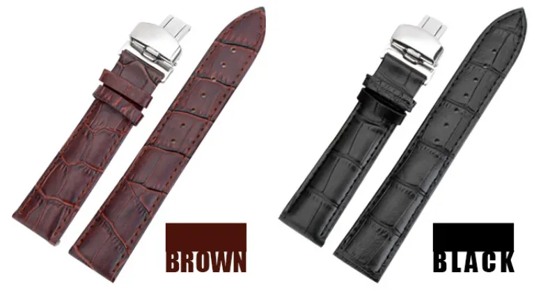 Stålklämma 16mm 18mm 20mm 22mm Watch Band Strap Push Button Hidden Fjärilsmönster Deployant Buckle Leather Black Brown209s