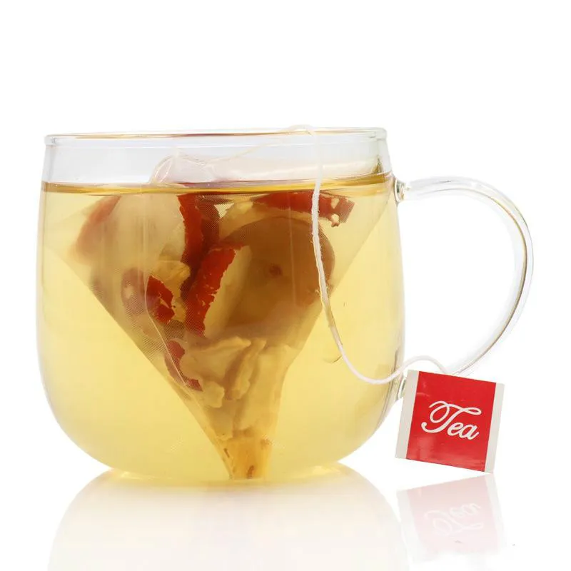 6 5 8cm 5 8x7cm tomma triangel tepåsar med etikett Heal Seal Nylon Filtrar Herb Loose Tea Infuser Filders 500st Lot234e