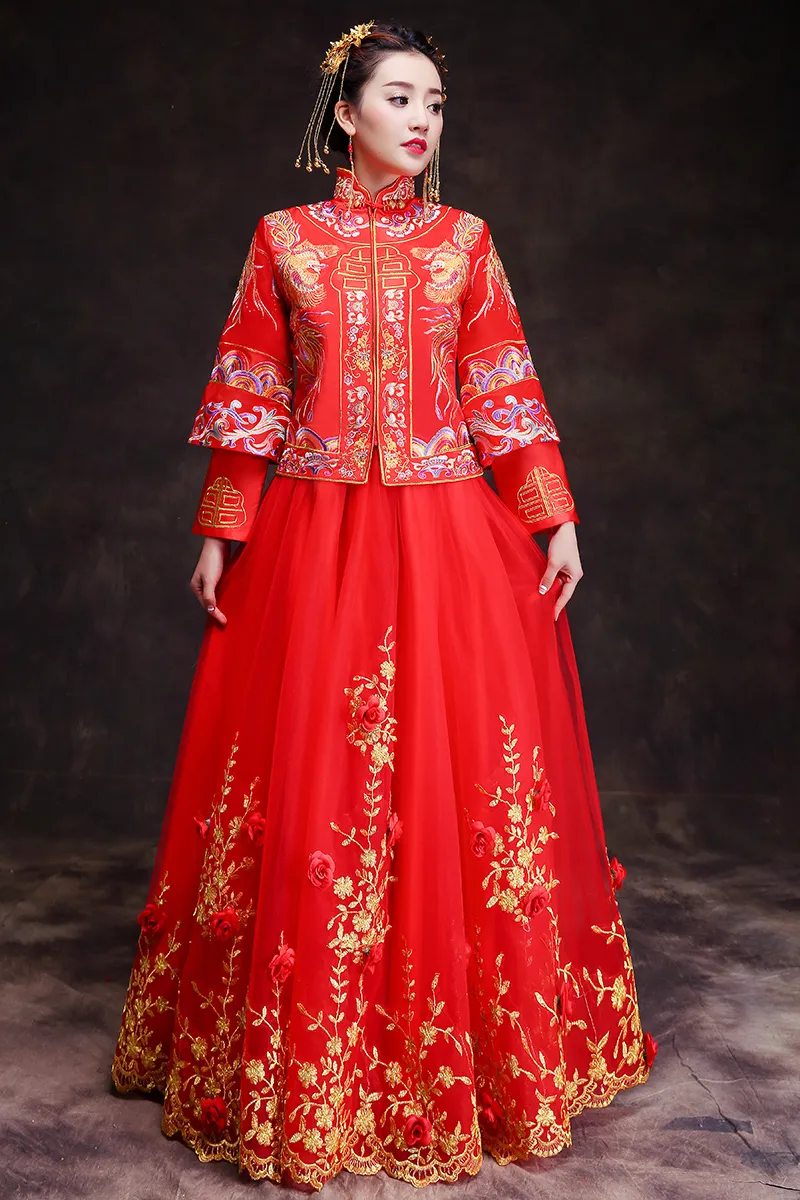 Spring Traditional Show bride dress Suzhou embroidery long sleeve chinese style Wedding cheongsam evening dress red vintage dragon Rose gown