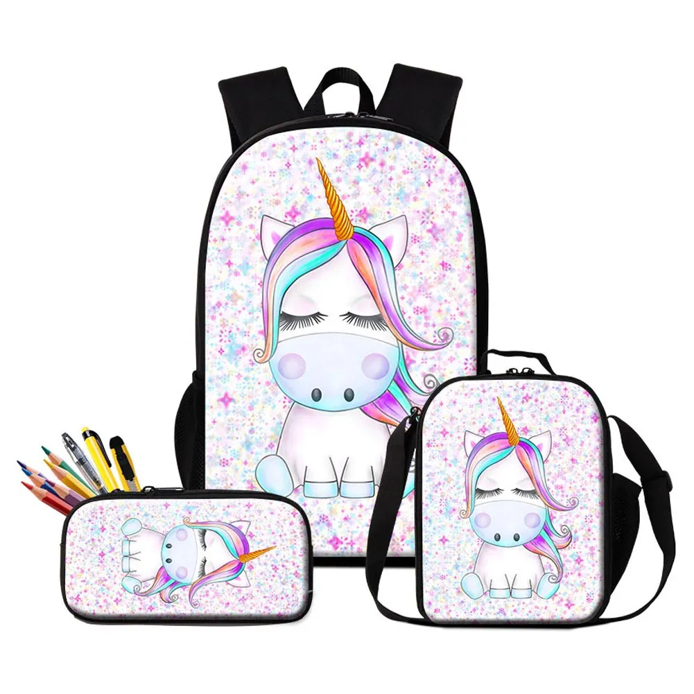 Personalizza i tuoi zaini con logo di design borse da pranzo a base di matita 3 pezzi studenti primari bambini adorabili unici di unicorno GIR247R