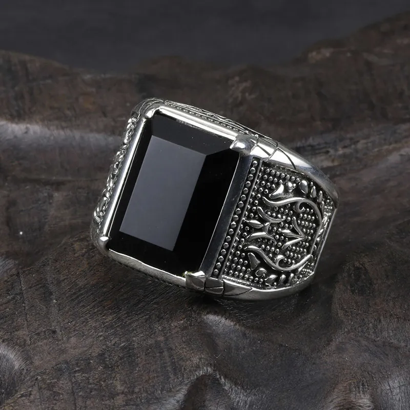 Anel vintage masculino real puro 925 prata esterlina jóias preto obsidian pedra natural anéis para homens punk rock moda y18907057260034