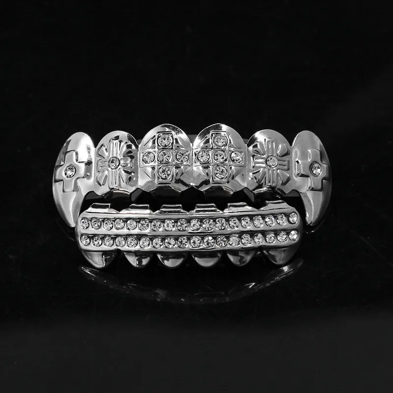 24K złote zęby Grillz Rhinestone topbottom błyszczące grille Ustaw lodowane zęby bioder biżuterii 216g