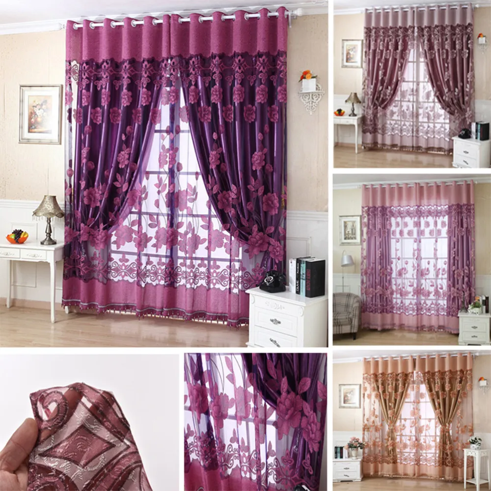 Flower Valance Blackout Curtains Home Decor Curtains Tiers for Basement Grommet Stylish Flower Tulle Door Window Curtain Drape Pan328O
